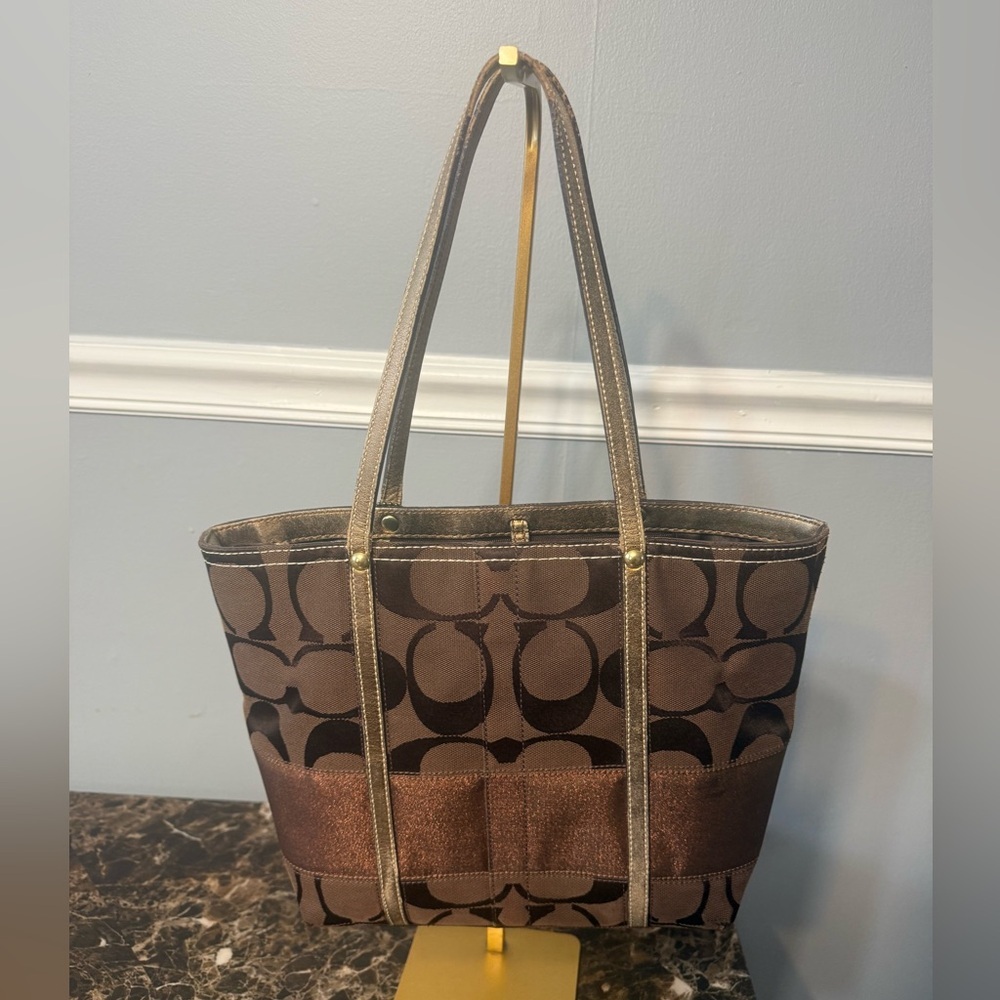 COACH Signature Stripe Tote Bag Brown Canvas Metallic Copper Trim Handbag - Picture 4 of 13